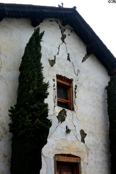 Cracked facade of Mission San Miguel Archangel (1797). Pasa Robles, CA. On National Register.