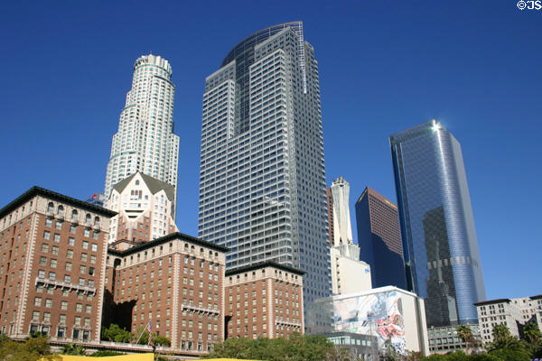 LA skyline above Pershing Square & Biltmore Hotel. Los Angeles, CA.
