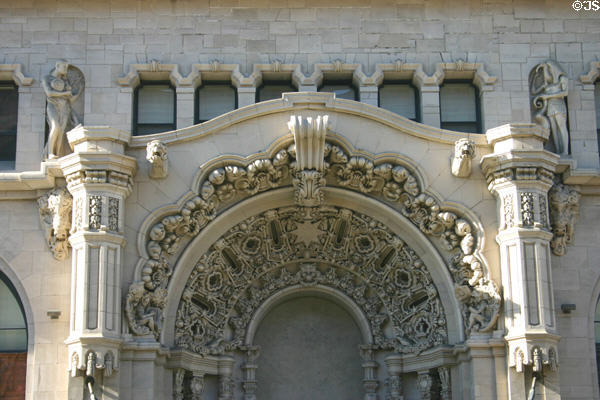 Churrigueresque decorations of arch over entry of Million Dollar Theater where actors like Charlie Chaplin, Lillian Gish & Mary Pickford attended premiers. Los Angeles, CA.