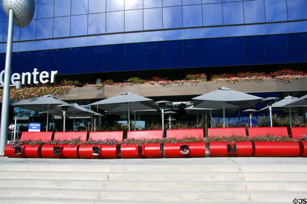 Design Cafe planters under square umbrellas of Pacific Design Center. Hollywood, CA.