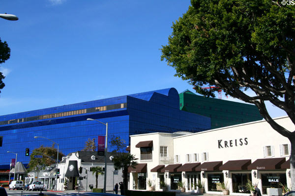 Melrose Ave. shops seen against Pacific Design Center. Hollywood, CA.
