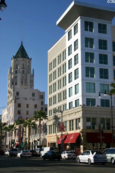 Streetscape along Hollywood Blvd. with First National Bank of Hollywood & Fredericks of Hollywood buildings. Hollywood, CA.