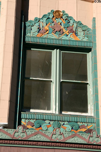Colorful Art Deco terra cotta tiles of Rowan Building. Long Beach, CA.