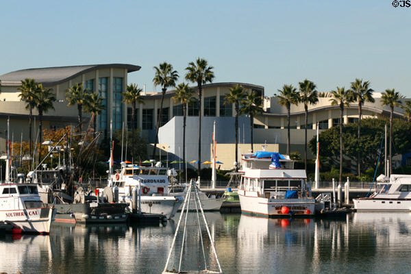 Aquarium of the Pacific over small craft marina. Long Beach, CA.