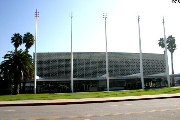 Civic Auditorium (1959) (Main St. at Pico Blvd.) with concrete grill & masts. Santa Monica, CA. Architect: Welton Becket & Assoc..