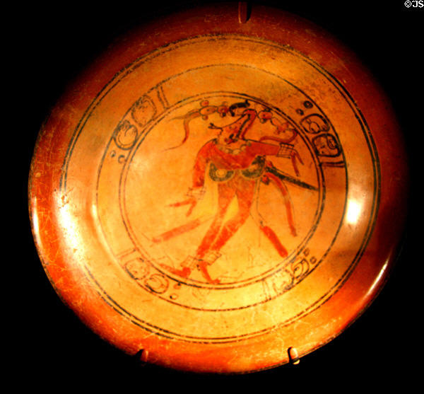 Mayan ceramic plate painted with maize god (600-900) from Guatemala at LA County Natural History Museum. Los Angeles, CA.
