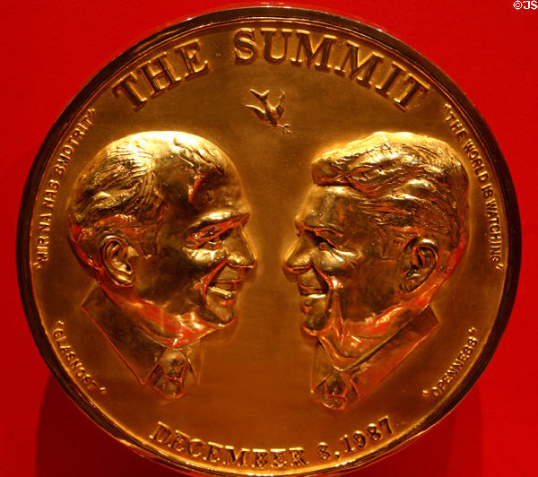 Medal commemorating December 8, 1987 Glasnost meeting between Reagan & Gorbachov in Reykjavik, Iceland by Leslie B. DeMille at Reagan Museum. Simi Valley, CA.