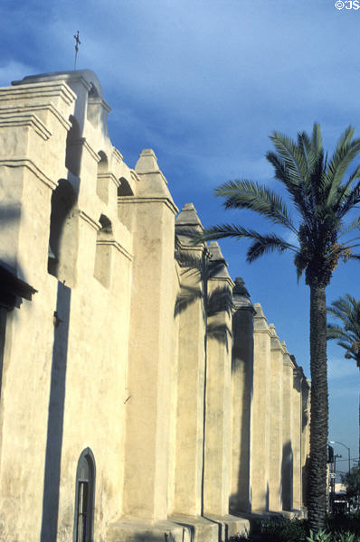 Outer wall of Mission San Gabriel Archangel (founded 1771 - relocated 1776). San Gabriel, CA.