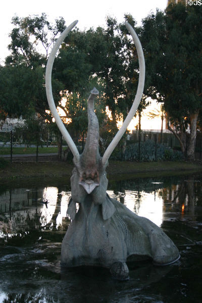 Sculpted mastodons recreates the agony of a beast trapped in the La Brea tar pits. Los Angeles, CA.
