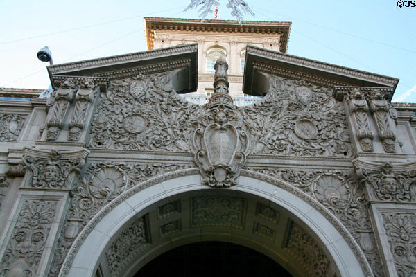 Carved entrance archway of Beverly-Wilshire Hotel. Beverly Hills, CA.