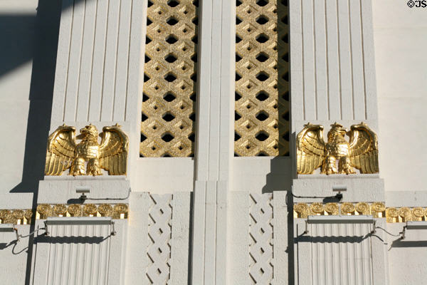 Eagles plus ziggurat & crosshatch patterns on Sterling Building. Beverly Hills, CA.