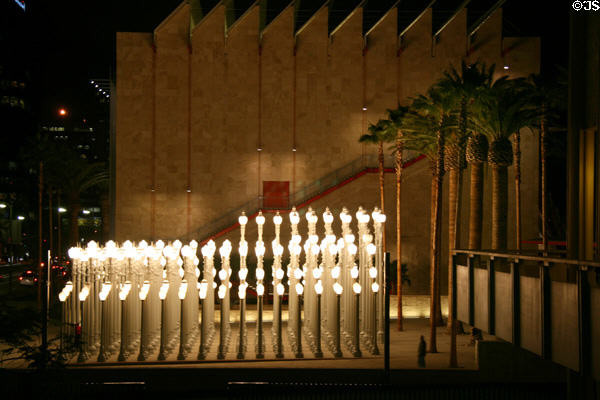Urban Light cast-iron street lights at night on LACMA campus. Los Angeles, CA.