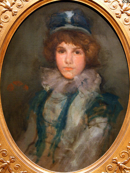 Blue & Coral: The Little Blue Bonnet portrait (1898) by James Abbott McNeill Whistler at LACMA. Los Angeles, CA.