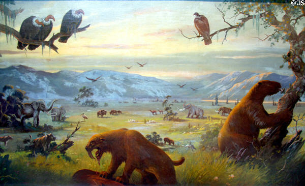 Mural showing life around Tar Pits c10,000 years ago at Museum of La Brea Tar Pits. Los Angeles, CA.