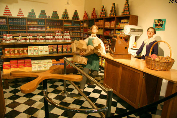 Replica of grocery store in early California strip mall scene at Petersen Automotive Museum. Los Angeles, CA.