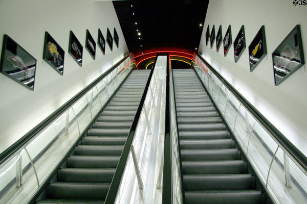 Escalator between galleries at Petersen Automotive Museum. Los Angeles, CA.