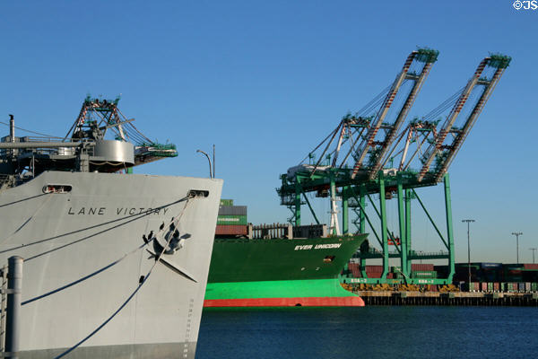 Bow of S.S. Lane Victory against Port of Los Angeles activity. San Pedro, CA.