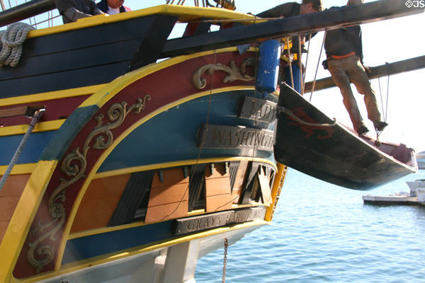 Stern of brig Lady Washington (1989) at LA Maritime Museum. San Pedro, CA.