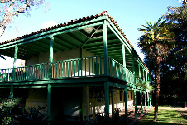 Adobe Los Cerritos (1844) (4600 Virginia Rd.) built by Don Juan Temple. Long Beach, CA. Style: Monterey adobe. On National Register.