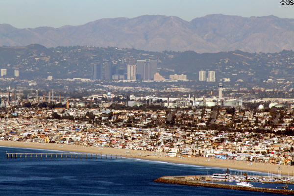 Hermosa Beach Pier & Redondo Beach Marina with Los Angeles International Airport beyond. Los Angeles, CA.