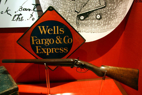 Stage robber Black Bart's shotgun (c1875) exhibited by Wells Fargo at Chicago World's Fair (1893) at Autry National Center. Los Angeles, CA.