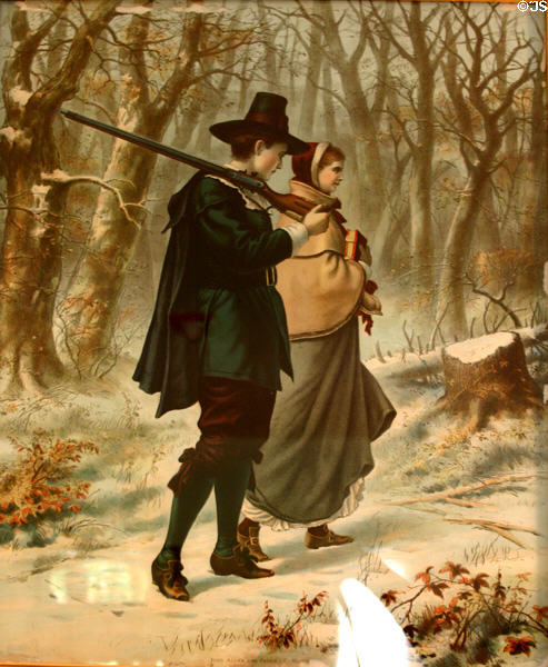 Graphic in parlor of Nixon Birthplace showing John Alden and Priscilla. Yorba Linda, CA.