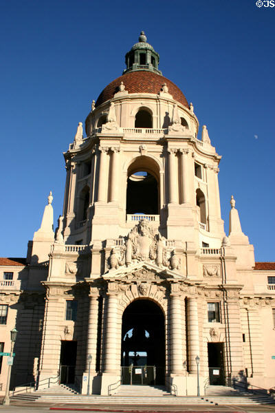 City Hall (1925-7) (100 N Garfield Ave.) in afternoon light. Pasadena, CA. Style: Spanish Baroque. Architect: John Bakewell Jr. & Arthur Brown Jr..