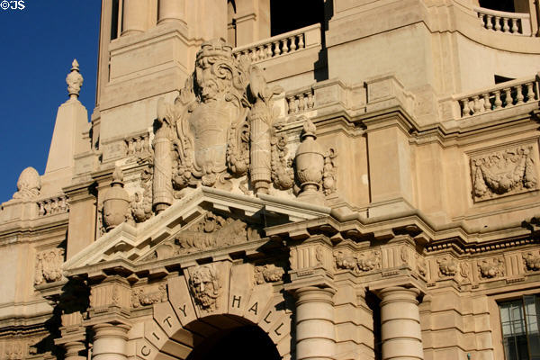Carvings over portal of City Hall. Pasadena, CA.