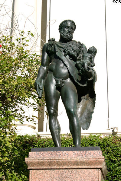 Bronze sculpture of Roman wearing lion skin carrying child at Henry E. Huntington Library. San Marino, CA.