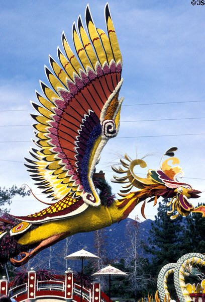 Flower covered phoenix at post Rose Parade display area. Pasadena, CA.