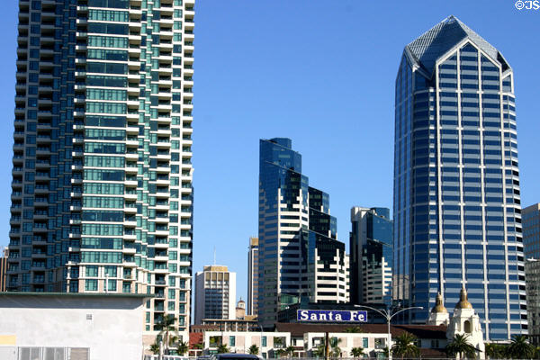 The Grande, Emerald Plaza & One America Plaza over Santa Fe rail station. San Diego, CA.