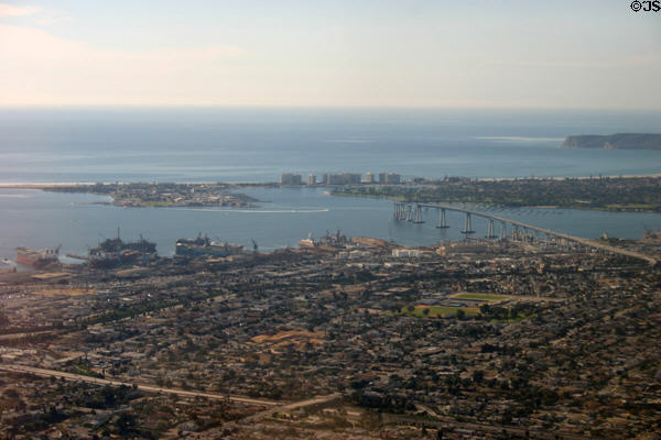 Aerial view of Navy Yards & Coronado Island Bridge. San Diego, CA.