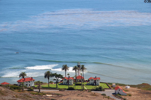 Looking down at more recent lighthouse on shore of Pacific Ocean at Cabrillo National Monument. San Diego, CA.