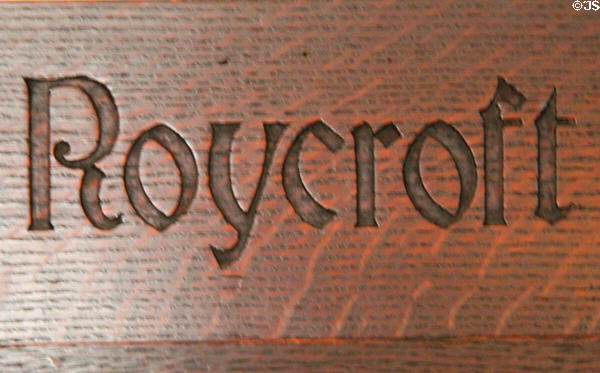 Roycroft signature panel on arts & crafts display cabinet at Marston House Museum. San Diego, CA.