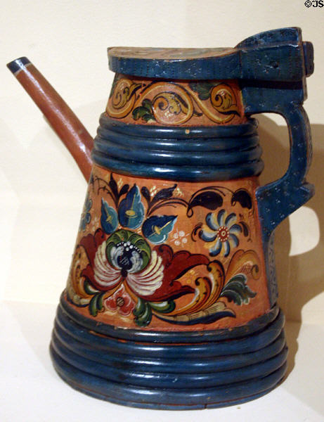 Painted Norwegian wooden tankard (1800) at Mingei Museum. San Diego, CA.