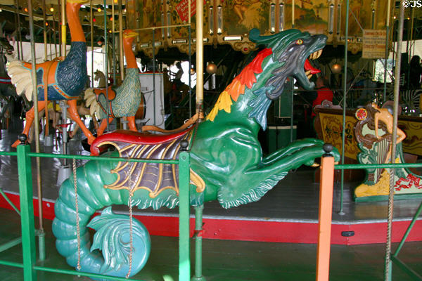 Carved sea monster at Balboa Park Carousel. San Diego, CA.