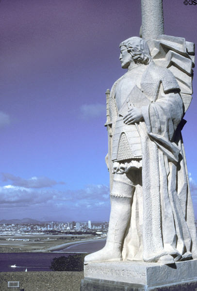 Monument to Juan Rodríguez Cabrillo, first European to land in San Diego (1542), near lighthouse bearing his name. San Diego, CA.