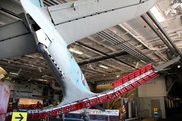 Diving brakes of Douglas SDB Dauntless Dive Bomber (early 1940s) aboard Midway carrier museum. San Diego, CA.