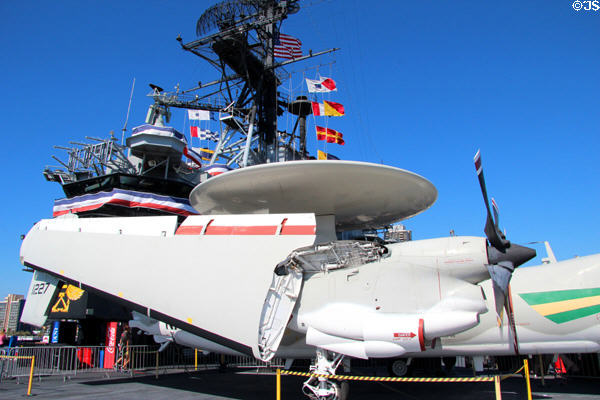 Grumman E-2 Hawkeye prop airborne radar platform (1960s) at Midway aircraft carrier museum. San Diego, CA.