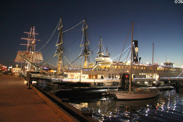 Maritime Museum historic ships outlined in lights. San Diego, CA.