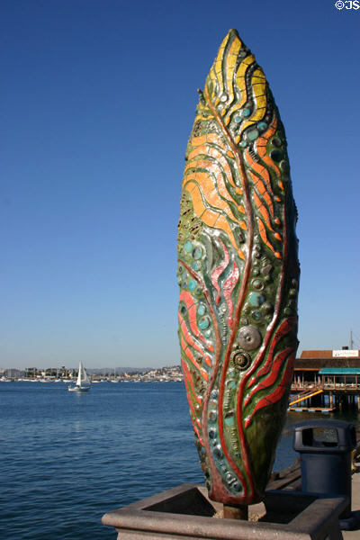 Surfboard Cedar Survivor by Betsy Kotshina Schulz & Hans Tegebo in Urban Trees display. San Diego, CA.
