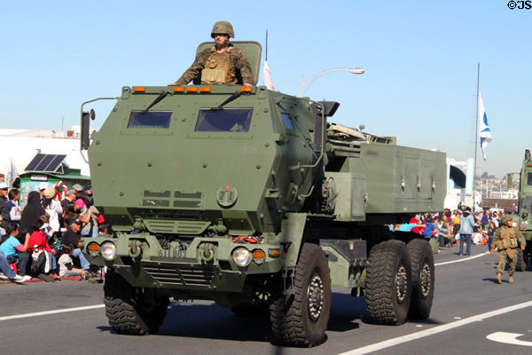 Military truck at Balloon Parade. San Diego, CA.