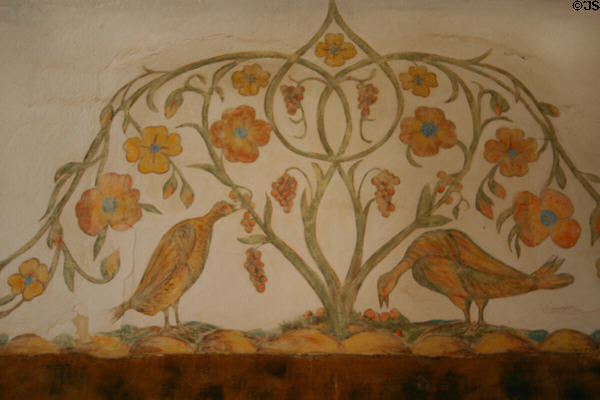 San Luis Rey Mission Church mural of birds eating berries. Oceanside, CA.