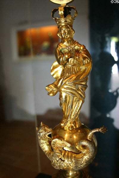 Gilded monstrance in shape of Our Lady on serpent (18thC) in Mission San Luis Rey. Oceanside, CA.