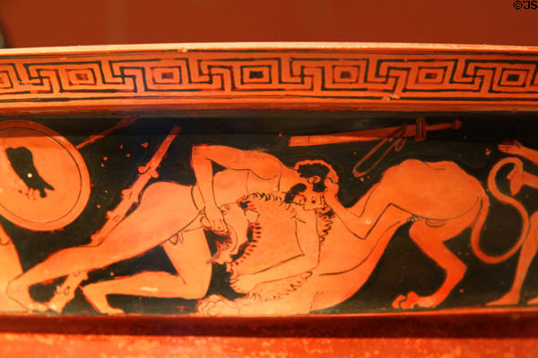 Details of Greek terracotta red-figure krater with Herakles fighting Nemean Lion (c480 BCE) from Athens at Getty Museum Villa. Malibu, CA.