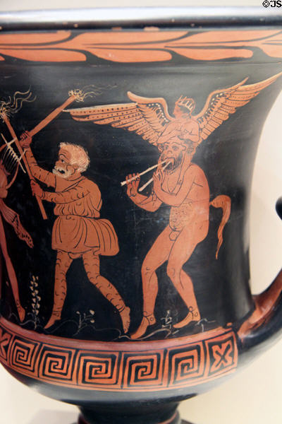 Greek terracotta red-figure mixing vessel with theatrical figures (c360 BCE) from South Italy or Sicily at Getty Museum Villa. Malibu, CA.