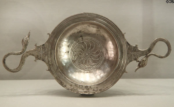 Greek silver wine strainer with duck head handles (350-300 BCE) at Getty Museum Villa. Malibu, CA.
