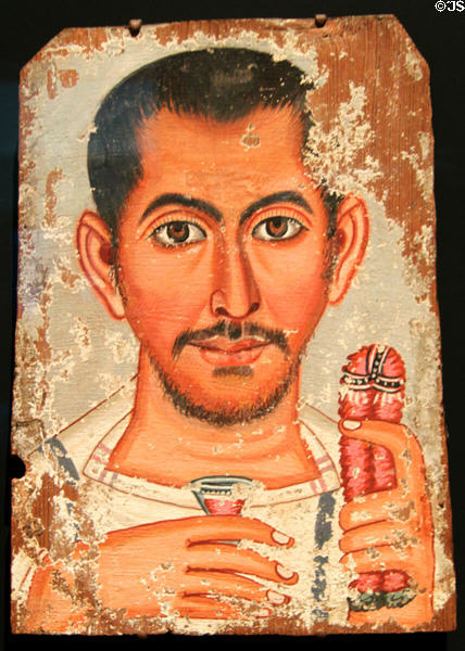 Romano-Egyptian mummy portrait of man (220-250 CE) at Getty Museum Villa. Malibu, CA.
