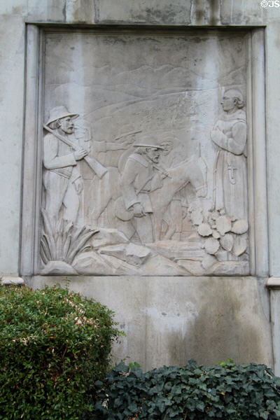 Relief of early Spanish settlers on Redlands City Hall. Redlands, CA.