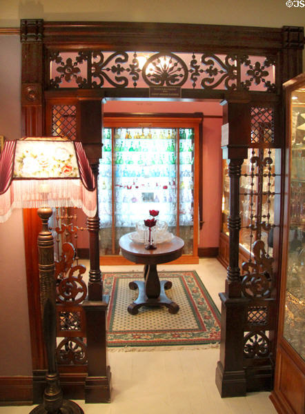 Wooden screen between rooms at Historical Glass Museum. Redlands, CA.